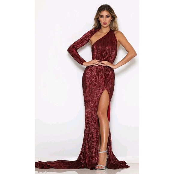 ABYSS BY ABBY BURGUNDY SEQUIN LONG SLEEVE ONE SHOULDER CUT OUT BACKLESS DRESS - Picture 1 of 7